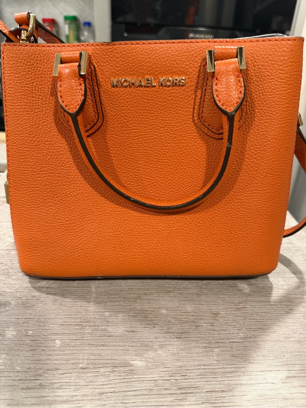 Michael Kors Orange Pebbled Leather Satchel with Gold Hardware